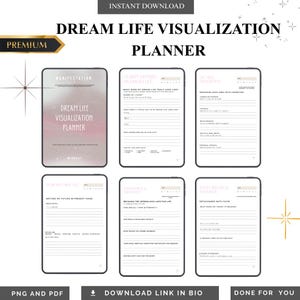 May include: A digital Dream Life Visualization Planner with a premium design. The planner includes sections for manifestation, clarity, and intention setting. The text "DREAM LIFE VISUALIZATION PLANNER" is prominently displayed.