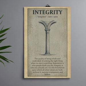 May include: A framed print with the word "INTEGRITY" at the top, above a drawing of a column and archway. The print has a vintage look with text describing integrity's meaning. The frame is a light wood color.
