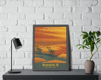 Póster de viaje vintage de Wilmington, Carolina del Norte, enmarcado en papel, arte costero de playa, impresión de ciudad portuaria