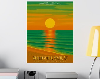 Póster de viaje vintage de Wrightsville Beach / Arte costero de playa, Impresión del amanecer en Wrightsville Beach