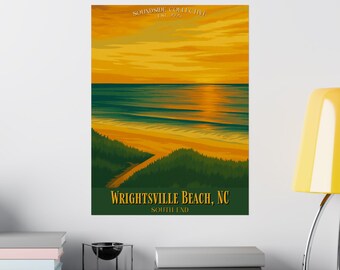 Póster de viaje vintage de Wrightsville Beach / Arte costero de playa, impresión del amanecer en la costa sur