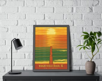 Póster de viaje vintage de Wrightsville Beach, pósteres de papel enmarcados / Arte costero de playa, impresión Sea of Serenity
