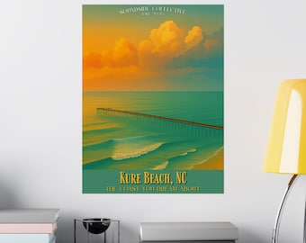 Póster de viaje vintage de Kure Beach / Arte costero de playa, impresión del amanecer dorado de Kure Beach