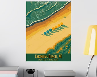 Póster de viaje vintage de Carolina Beach / Arte costero de playa, Impresión de un día de playa en Carolina Beach