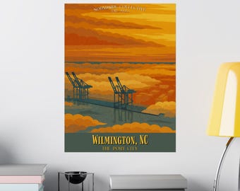 Póster de viaje vintage de Wilmington, Carolina del Norte / Arte costero de playa, impresión de ciudad portuaria