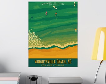 Póster de viaje vintage de Wrightsville Beach / Arte costero playero, Impresión "Surfer's Delight"