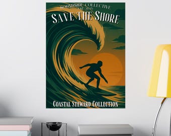 Póster náutico vintage mate "Surfista al atardecer" / Póster de la colección Coastal Steward