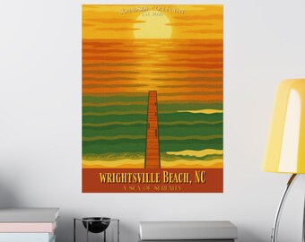 Póster de viaje vintage de Wrightsville Beach / Arte costero de playa, impresión Sea of Serenity