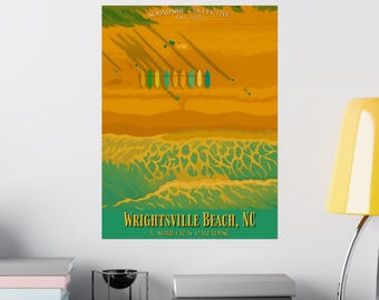 Póster de viaje vintage de Wrightsville Beach / Arte costero de playa, Impresión de la escuela de surf de Wrightsville Beach