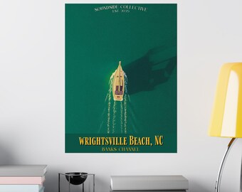 Póster de viaje vintage de Wrightsville Beach / Arte costero de playa, impresión del canal Banks