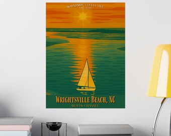 Póster de viaje vintage de Wrightsville Beach / Arte costero de playa, Impresión de un atardecer en velero de Wrightsville Beach