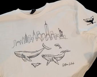 Gotham Whale Humpback Whale and Dolphin NYC Skyline T-Shirt
