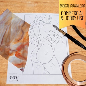 May include: A stained glass pattern template featuring a numbered outline of a figure, accompanied by a piece of marbled amber glass, a glass cutter, black pliers, and a roll of copper foil tape. The text reads DIGITAL DOWNLOAD COMMERCIAL & HOBBY USE.