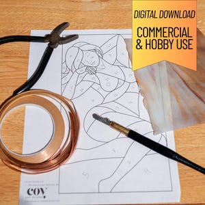 May include: A stained glass pattern template featuring a reclining figure, accompanied by black metal pliers, a roll of copper foil tape, a glass cutter with a black handle, and a piece of marbled glass. Text reads: DIGITAL DOWNLOAD COMMERCIAL & HOBBY USE.
