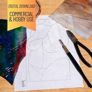 May include: A stained glass pattern template featuring a human torso outline with numbered sections, accompanied by a glass cutter, black pliers, a piece of blue and green glass, and a piece of white and tan glass. Text reads DIGITAL DOWNLOAD COMMERCIAL & HOBBY USE.