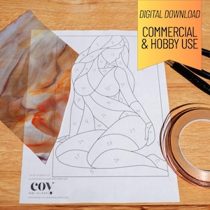 May include: A stained glass pattern template featuring a line drawing of a seated figure with numbered sections, a sheet of orange and white marbled glass, a roll of copper foil tape, and black pliers. Text reads: DIGITAL DOWNLOAD COMMERCIAL & HOBBY USE.