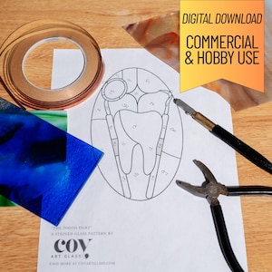 May include: A stained glass pattern for a tooth fairy design with the text "DIGITAL DOWNLOAD COMMERCIAL & HOBBY USE" and "THE TOOTH FAIRY A STAINED GLASS PATTERN BY COV ART GLASS". Includes copper foil tape, glass sheets, a glass cutter, and pliers.