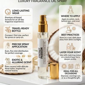 Puede incluir: Un frasco de 15 ml de aceite en spray de perfume de lujo Coconut Passion con tap&oacute;n dorado. La etiqueta dice "Coconut Passion Luxury Fragrance Oil". La imagen incluye texto sobre duraci&oacute;n, tama&ntilde;o de viaje y aroma ex&oacute;tico.