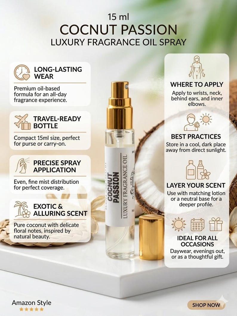 Puede incluir: Un frasco de 15 ml de aceite en spray de perfume de lujo Coconut Passion con tap&oacute;n dorado. La etiqueta dice "Coconut Passion Luxury Fragrance Oil". La imagen incluye texto sobre duraci&oacute;n, tama&ntilde;o de viaje y aroma ex&oacute;tico.