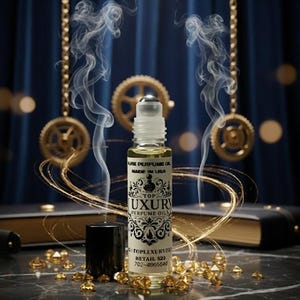 Puede incluir: Botella de aceite de perfume transparente con un aplicador de bola plateada, etiquetada como "TOP LUXURY PERFUME OILS". Rodeada de detalles dorados, humo y elementos decorativos. El fondo es azul oscuro.