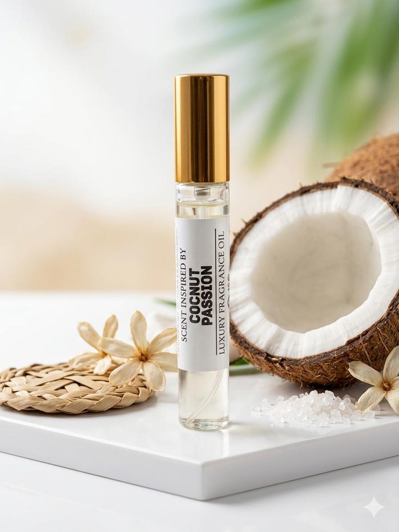 Puede incluir: Un frasco roll-on de vidrio transparente con tapa dorada, etiquetado como "Scent Inspired by Coconut Passion Luxury Fragrance Oil". El frasco est&aacute; sobre una superficie blanca con media coco, flores y cristales de sal.