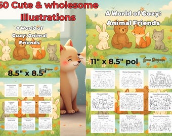 Cyfrowa kolorowanka dla dzieci | 50 uroczych zwierzątek kawaii | Do druku + plik PDF na iPada | Przytulne kolorowanki | Natychmiastowe pobranie