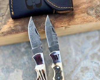 Handmade Damascus Pocket Knife, Boyfriend Birthday Gift, Groomsmen Gift Anniversary Gift for men Husband Personalized Christmas Gift for Him