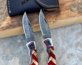 Handmade Damascus Pocket Knife Wood Handle Groomsmen Gift Anniversary Birthday Gift Personalized for Him
