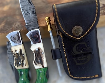 Handmade Damascus Pocket Knife Wood Handle Groomsmen Gift Anniversary Birthday Gift Personalized for Him