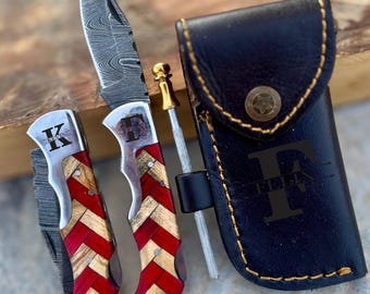 Hand-Forged Damascus Steel Pocket Knife | Personalized Engraved Folding Knife with Leather Sheath | Handmade Gift for Him, Husband & Father