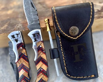Handmade Damascus Pocket Knife Rose Wood Handle Birthday Gift Folding Knife Groomsmen Gift Anniversary Wedding Personalized Gift for Men