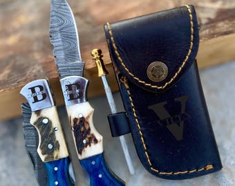 Handmade Copper Damascus Folding Knife Custom Made Pocket Knife Personalized Anniversary Gift for Him Groomsman Gift Christmas Gifts