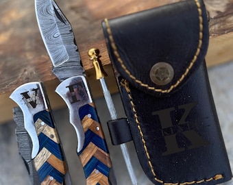 Handmade Damascus Pocket Knife Rose Wood Handle Birthday Gift Folding Knife Groomsmen Gift Anniversary Wedding Personalized Gift for Men