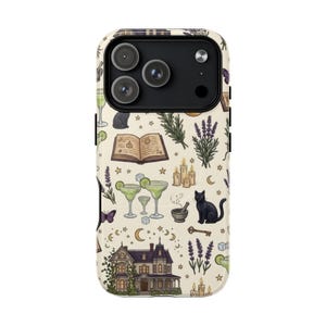 May include: A smartphone case with a cream background featuring a repeating pattern of illustrations including a large house, black cats, open books, lavender sprigs, lit candles, mortar and pestle, keys, crescent moons, stars, and lime-garnished cocktails.