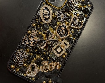 Étui pour iPhone fait main noir et or avec strass, coque anti-poussière 3D