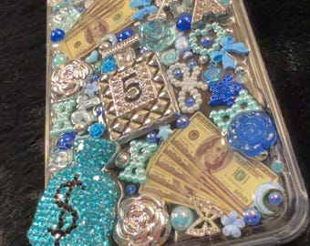 Coque de portable à breloques strass bleues faite main - Couverture bling-bling 3D