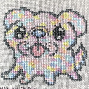 May include: A cross-stitch design of a cartoon dog with a multi-colored pattern. The dog has large eyes, a pink tongue, and is set against a white background. The text "© 2025 Stitchtini / Ellen Bottini" is at the bottom.