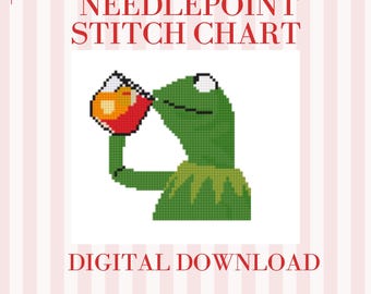 Sipping Tea Frog Needlepoint Pattern PDF | 8x8 Stitch Chart for 18 Mesh Canvas | Funny Meme Needlepoint Design | Digital Download
