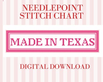 Made in Texas Needlepoint Pattern PDF | Pink 7x5 Stitch Chart for 18 Mesh Canvas | Texas Pride Text Needlepoint Design