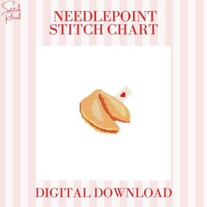 Könnte beinhalten: Ein digitales Nadelstichmuster mit einem pixeligen Glückskeks mit einem kleinen Papierstreifen und einem roten Herzen. Der Text "NEEDLEPOINT STITCH CHART" und "DIGITAL DOWNLOAD" ist rot.