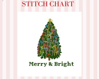 Gráfico de ponto cruz "Feliz e Brilhante" em PDF | Árvore de Natal com Laços | Desenho festivo de bordado para as festas de fim de ano | Download digital
