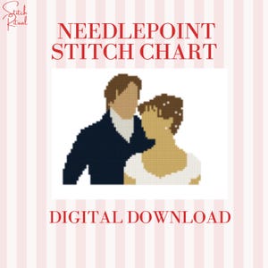 May include: Digital download of a needlepoint stitch chart with a pixelated image of a couple. The text "NEEDLEPOINT STITCH CHART" is in red, with "DIGITAL DOWNLOAD" below the image. The background has pink and white stripes.