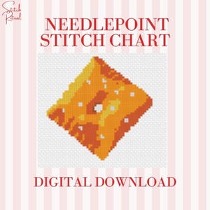 May include: Digital needlepoint stitch chart featuring a geometric design in shades of orange and yellow, resembling a cheese cracker. The text "NEEDLEPOINT STITCH CHART" and "DIGITAL DOWNLOAD" are displayed in red.