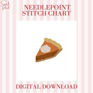 May include: Needlepoint stitch chart digital download featuring a pixelated slice of pumpkin pie with whipped cream. The pie is orange and brown, with a golden crust and white whipped cream. The background is white with pink and white stripes.