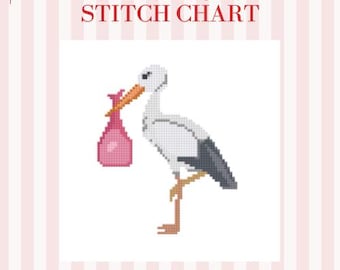May include: A digital needlepoint stitch chart featuring a stork carrying a pink bundle. The stork is white with gray and brown accents. The text reads "Needlepoint Stitch Chart" and "Digital Download". The background has pink and white stripes.
