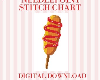 Corn Dog Needlepoint Pattern PDF | 8x8 Stitch Chart for 18 Mesh Canvas | Fun Fair Food Needlepoint Design | Digital Download