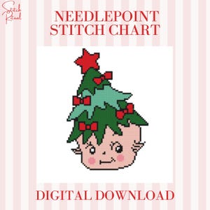 Jul Kewpie nålmönster PDF | 8x8 stygndiagram för 18 mesh canvas | Kewpie huvud med julgranshatt