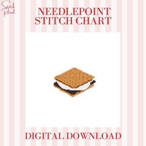 May include: A digital needlepoint stitch chart featuring a pixelated s'more. The s'more is composed of a graham cracker, marshmallow, and chocolate. The text "NEEDLEPOINT STITCH CHART" and "DIGITAL DOWNLOAD" are displayed in red.