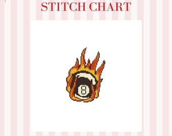 Cueball on Fire Needlepoint Pattern PDF | 8x8 Digital Stitch Chart for 18 Mesh Canvas | Retro Pool Hall Needlepoint Design