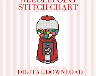 Gumball Machine Needlepoint Pattern PDF | 8x8 Stitch Chart for 18 Mesh Canvas | Cute Retro Candy Needlepoint Design | Digital Download